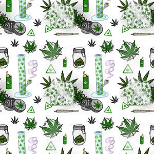 May include: A repeating pattern on a white background featuring cannabis-related items. The design includes green cannabis leaves, bongs, grinders, jars of buds, lighters, and the number "420" in a cannabis leaf pattern.