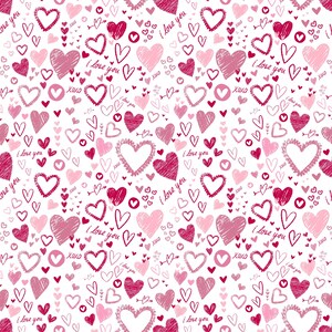 以下が含まれることがあります： 白地にピンクと赤のハートが繰り返し描かれたパターン。ハートはサイズやスタイルが異なり、無地やアウトラインのものがあります。「I love you」と「xoxo」の文字もデザインに含まれており、ロマンチックなテーマとなっています。