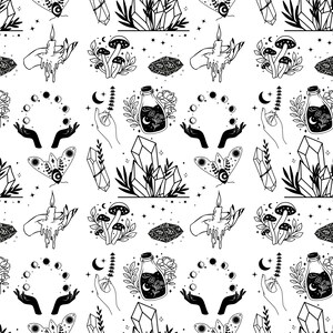 May include: Black and white repeating pattern featuring mystical elements. Includes hands, candles, mushrooms, crystals, potion bottles, moths, and moon phases. The design is set against a white background, creating a clean and detailed aesthetic.