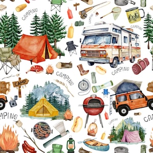 May include: Watercolor illustration of camping-themed elements, including a tent, RV, campfire, and outdoor gear. The design features a repeating pattern of camping essentials like a grill, compass, and trees, perfect for outdoor enthusiasts.