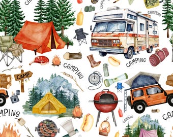 Camping Adventure Seamless Pattern | RV, Tent, Campfire, Forest | Printable Outdoor Pattern