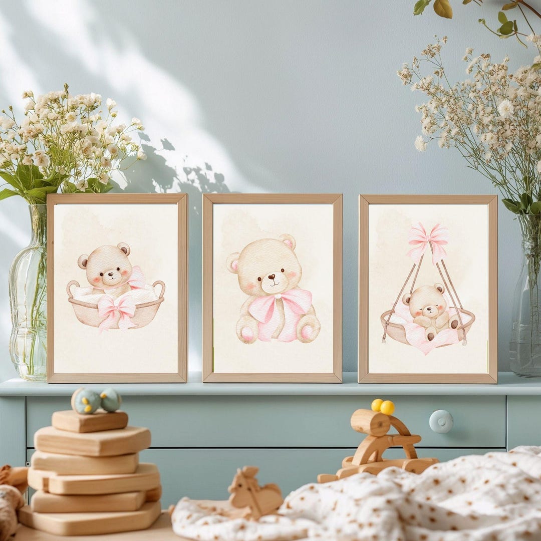Teddy Bear Nursery Wall Art Set Pink Bow, Baby Girl Room Decor ...