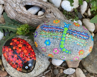 Outdoor Dragonfly or Ladybug Rock garden dotty stone