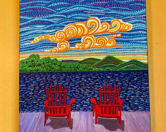 Big Original Adirondack Chair lake dotilism Acrylic Painting