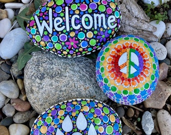 Outdoor Dotty Welcome, Paw or Peace rainbow Rock stone