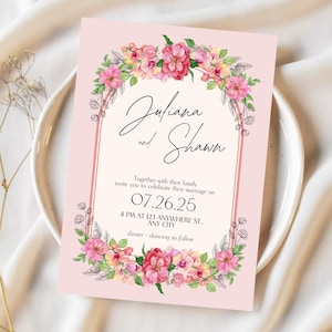 Plantilla de invitación de boda personalizada - Invitación floral editable - Descarga digital - Tarjeta de boda imprimible en rosa