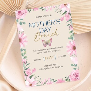 Invitation brunch fête des mères modifiable, modèle floral, téléchargement immédiat, carte imprimable pour un événement de maman, invitation à une fête de printemps, fête des mères 2025