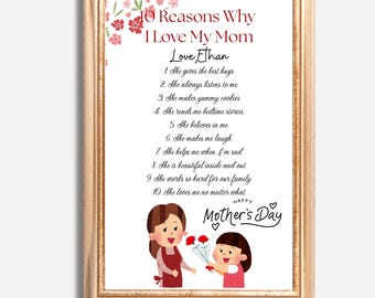 Personalisiertes Muttertagsgeschenk von Kindern - 10 Gründe, warum ich meine Mama liebe PDF Poster - Printable Wandkunst für Mama