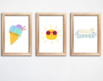 Set di 3 stampe da parete "Hello Summer", stampabili con sole gelato, decorazioni estive per la cameretta dei bambini, set di poster scaricabili digitalmente, stampe in PDF