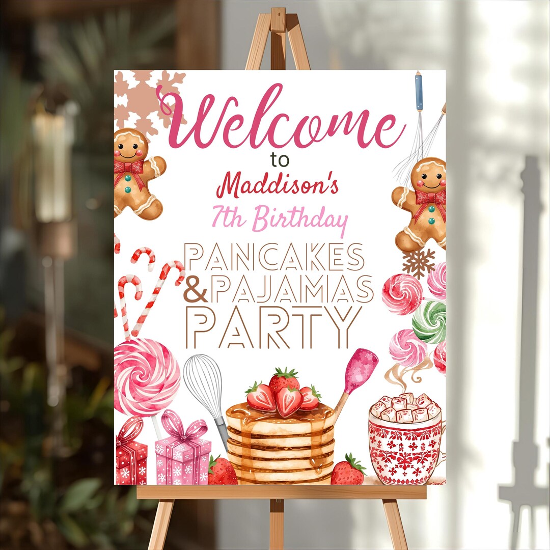 Pyjamas Signs Editable Pink Christmas Pancakes & Pajamas Welcome Sign | Holiday ...