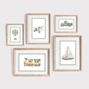 Sage Green Nursery Prints: Vintage Travel Theme, Transportation Art (Digital Download Set of 5)