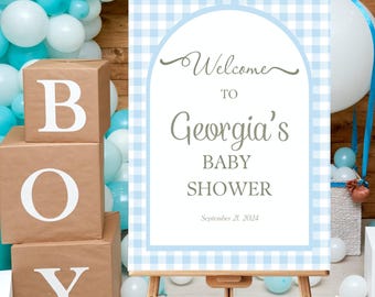 Blue Gingham Baby Shower Welcome Sign, Personalized Boy Decor (Digital Download )