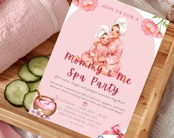 Mama und ich Spa-Party Einladung, bearbeitbare Pink Pamper Geburtstagseinladung für Mädchen, Kinder Self Care Party Vorlage, Sofort Download Canva