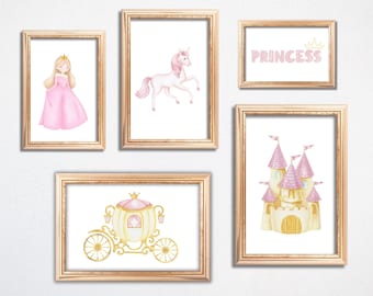 Princess Wall art, Printable Nursery Decor, Princess Gallery Wall Prints for Girls Room, Castle Carriage Unicorn, DIGITAL DOWNLOAD