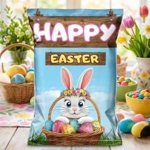 May include: A bag with a blue background featuring a cartoon bunny holding a basket of Easter eggs. The words "HAPPY EASTER" are displayed on a wooden sign. The bag is decorated with grass and flowers, evoking a festive holiday theme.