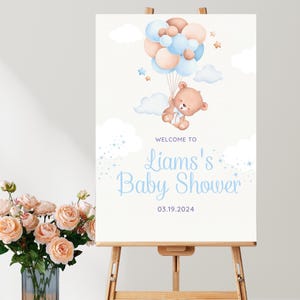 Personalisiertes Babyparty Zeichen Junge - Fliegender Bär Ballon Willkommensposter - Name & Datum - Name & Datum - Blauer Himmel-Babypartydekor