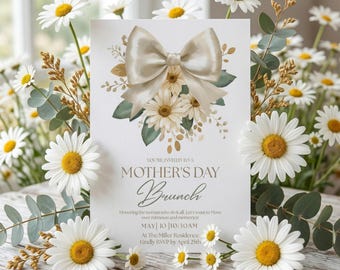 Coquette Bow & Daisy Mother's Day Brunch Invitation, Editable Canva Template, Elegant Floral Spring Invite, Heartfelt Gift for Best Mom