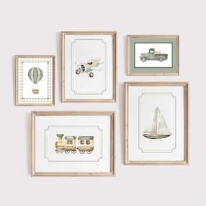 Sage Green Nursery Prints: Vintage Travel Theme, Transportation Art (Digital Download Set of 5)