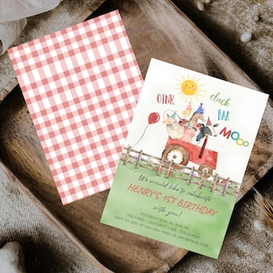 Barnyard Farm Animals 1st Birthday Invitation, Red Tractor Boy Birthday Evite, Editable Farm Party Template BRT44