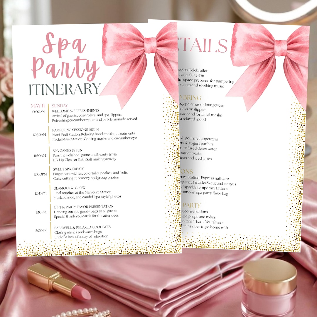 Editable Spa Party Itinerary Template, Pink Bow Birthday Itinerary and ...