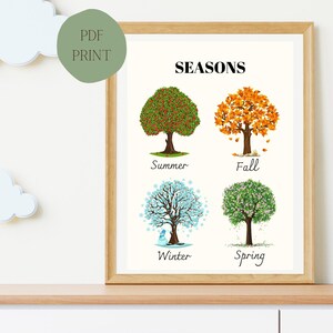 De vier seizoenen-poster afdrukbaar, educatieve posters, kleuterschoolposter, klaslokaalposters, educatieve kunst aan de muur, seizoen voorschoolse decor