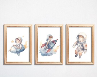 Watercolor Space Prints Set: Astronaut, Rocket, Spaceship (Digital Download)
