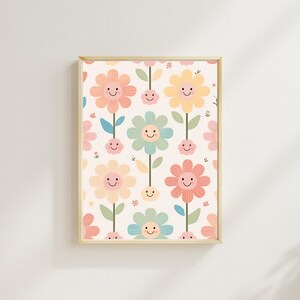 Lächelnde Blumen Poster für Baby Mädchen - Kinderzimmer Dekor - Digital Download Blumendruck