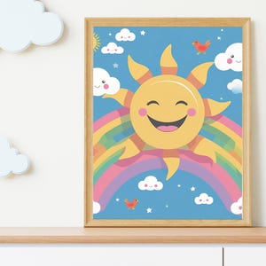 Sun Rainbow Kinderzimmer Wand Kunst - süsse lächelnde Sonne Poster - bunter digitaler Download für Babyzimmer - Kinder Wand Dekor zum ausdrucken
