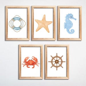 May include: Five framed nautical art prints. The prints feature a life preserver, starfish, seahorse, crab, and ship's wheel. The artwork is in watercolor style with a white background and gold frames. The life preserver is blue and white, the starfish is tan, and the seahorse is light blue.