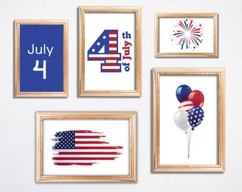 Set di stampe artistiche con bandiera americana per il 4 luglio: decorazioni patriottiche per la casa (download digitale)