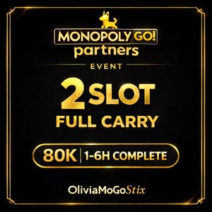 以下が含まれることがあります： モノポリーGo! パートナーズイベントを宣伝する、金色のテキストとアクセントが入った黒いグラフィック。テキストには「2 SLOT FULL CARRY」と「80K 1-6H COMPLETE」が含まれています。上部には小さな金の犬のアイコンがあります。