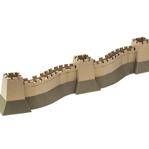 Assembled 3d paper model of the Great Wall of China. The model is made out of paper parts in beige and olive green color, it features three towers and two wall segments with crenellation.