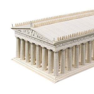 3d paper model of the Parthenon, the former temple of the Doric order on the Athenian Acropolis, Greece, dedicated to the goddess Athena. The model of  is placed in three quarters view featuring colonade, the west pediment, metopes, the roof.