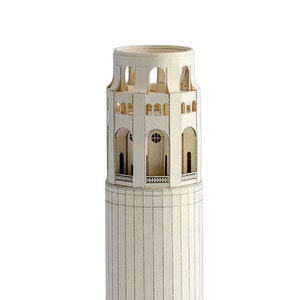 Assembled a 3D paper model of the Coit Tower, an iconic architectural landmark for San Francisco. The model is made out of beige cardboard pieces with black printed details.