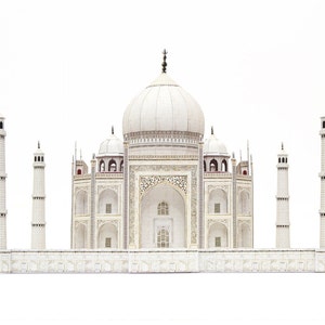 The exterior view of the 3D paper model of Taj Mahal shows its central dome, four kiosk domes, and four minarets which are aligned on a base.