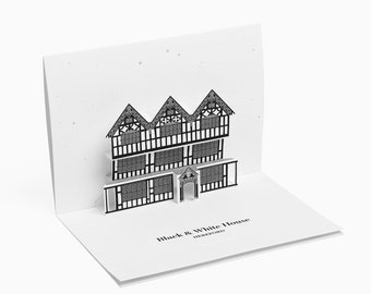 Die BLACK and WHITE HOUSE Pop Up Card Grüße von Hereford England Architektur Wahrzeichen 3D Karte mit Umschlag