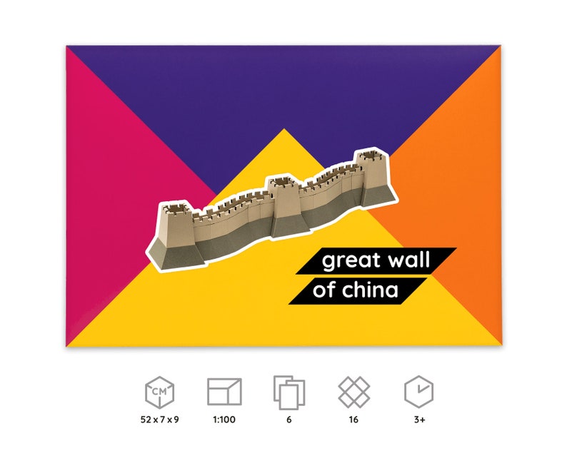 Packaging for the Great Wall of China paper model kit, icons below explain dimensions and scale of a finished model, number of worksheets included in the kit, parts to be cut out and assembled, time required for building the model.