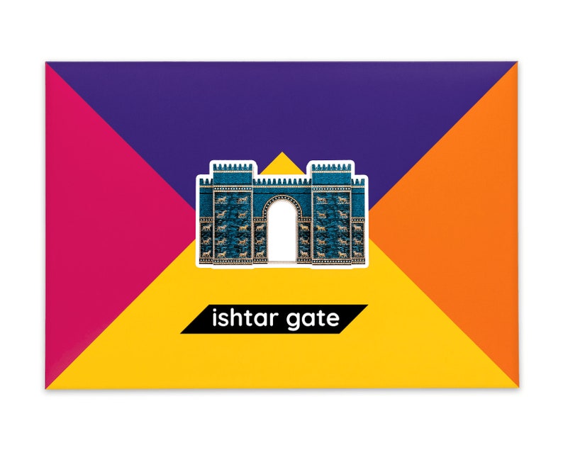 Product packaging for the Ishtar Gate paper model kit. A rectangular bright coloured cardstock envelope features four large triangles in yellow, magenta, purple and orange with an image of a finished model at the centre and the product title below.