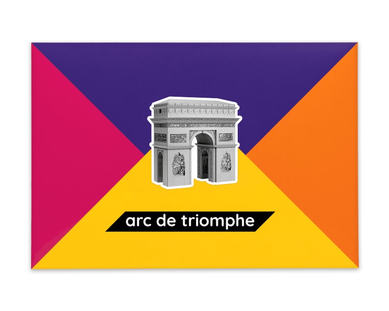 Product packaging for the Arc de Triomphe paper model kit. The bright coloured cardstock envelope features four large triangles in yellow, magenta, purple and orange with an image of a finished model at the centre and the product title below.