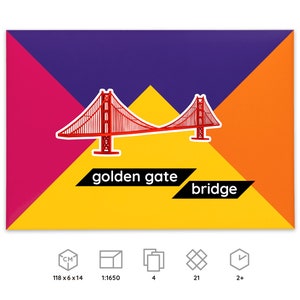 Product packaging for Paperlandmarks Golden Gate Bridge paper model kit, icons below explain dimensions and scale of a finished model, number of worksheets included in the kit, parts to be cut out and assembled, time required for building the model.