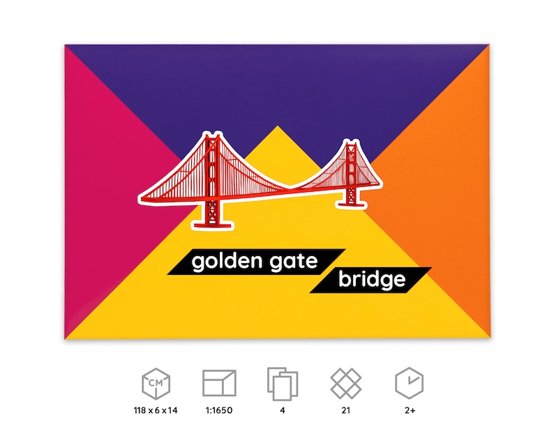 Product packaging for Paperlandmarks Golden Gate Bridge paper model kit, icons below explain dimensions and scale of a finished model, number of worksheets included in the kit, parts to be cut out and assembled, time required for building the model.