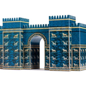 3D scale model of the Grate Gate of Ishtar that marked the entrance to the ancient city of Babylon. Model is built out of printed paper parts to replicate blue glazed brick walls decorated, in tiers, with golden dragons, bulls and stripes.
