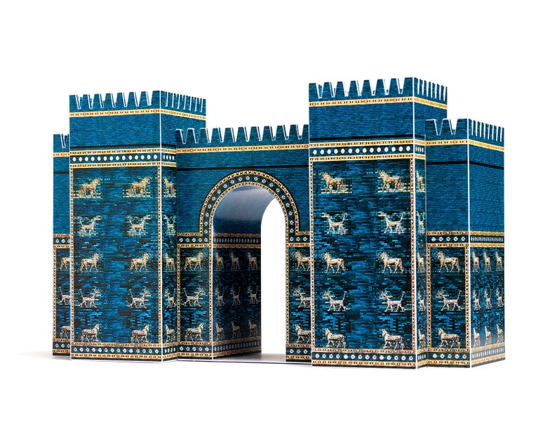 3D scale model of the Grate Gate of Ishtar that marked the entrance to the ancient city of Babylon. Model is built out of printed paper parts to replicate blue glazed brick walls decorated, in tiers, with golden dragons, bulls and stripes.