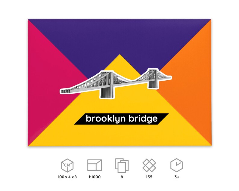 Brooklyn Bridge paper model kit, icons below explain dimensions and scale of a finished model, number of worksheets included in the kit, parts to be cut out and assembled, time required for building the model.