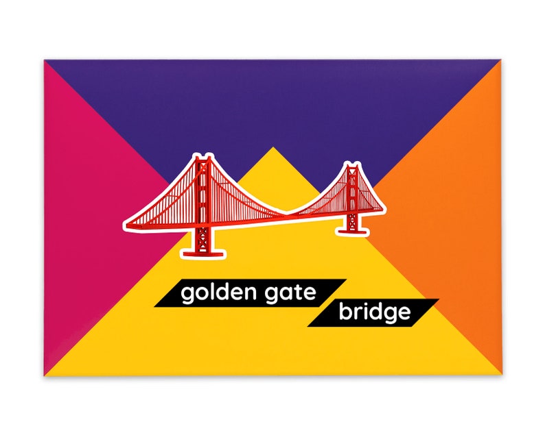 Packaging for the Golden Gate bridge paper model kit. A rectangular bright coloured cardstock envelope features four large triangles in yellow, magenta, purple and orange with an image of a finished model at the centre and the product title below.