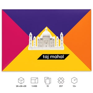Packaging for the Taj Mahal paper model kit, icons below explain dimensions and scale of a finished model, number of worksheets included in the kit, parts to be cut out and assembled, time required for building the model.