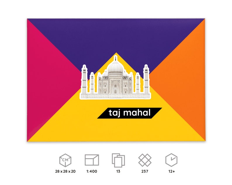 Packaging for the Taj Mahal paper model kit, icons below explain dimensions and scale of a finished model, number of worksheets included in the kit, parts to be cut out and assembled, time required for building the model.