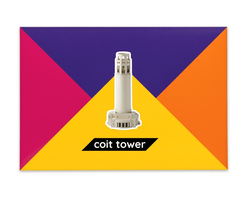 Product packaging for the Coit Tower paper model kit. A recangular bright coloured cardstock envelope features four large triangles in yellow, magenta, purple and orange with an image of a finished model at the centre and the product title below.