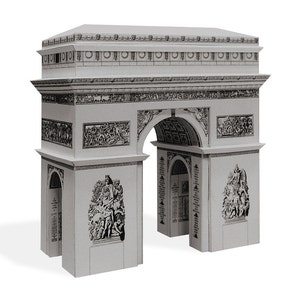 Assembled 3d paper model of the Arc de Triomphe de l'Étoile, the monument in Paris, France. The model is made out of silver colored cardboard, the graphics on the model feature the sculptural groups and reliefs on the facades.