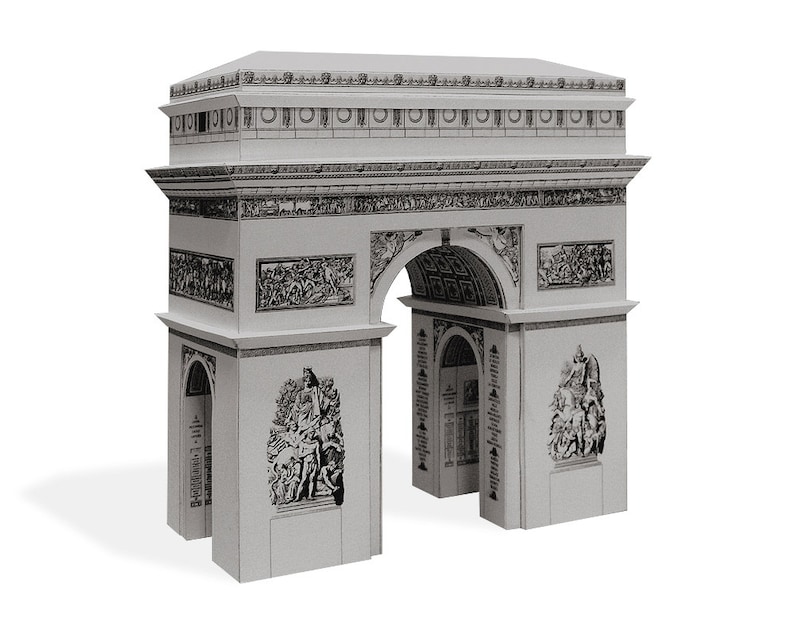 Assembled 3d paper model of the Arc de Triomphe de l'Étoile, the monument in Paris, France. The model is made out of silver colored cardboard, the graphics on the model feature the sculptural groups and reliefs on the facades.